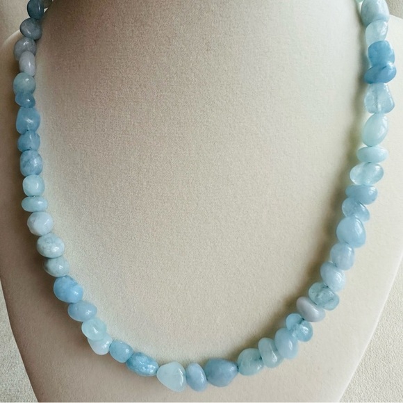 Aquamarine Beaded Necklace 14k Gold Plated Chain 18 Inch - Picture 9 of 17